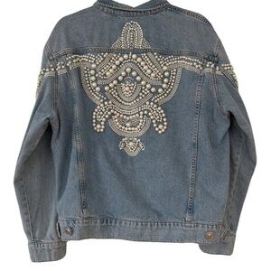 Sandro Embellished Denim Jacket with Pearl Accents